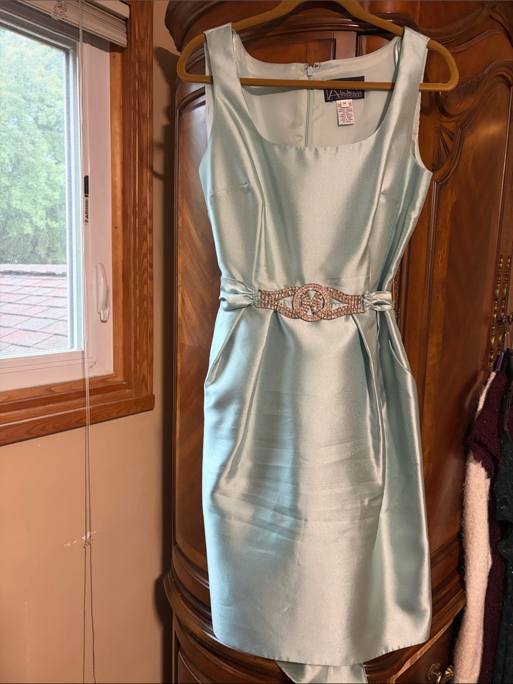 Alex Evenings Aqua Satin Midi Dress with Jeweled Waist Accent